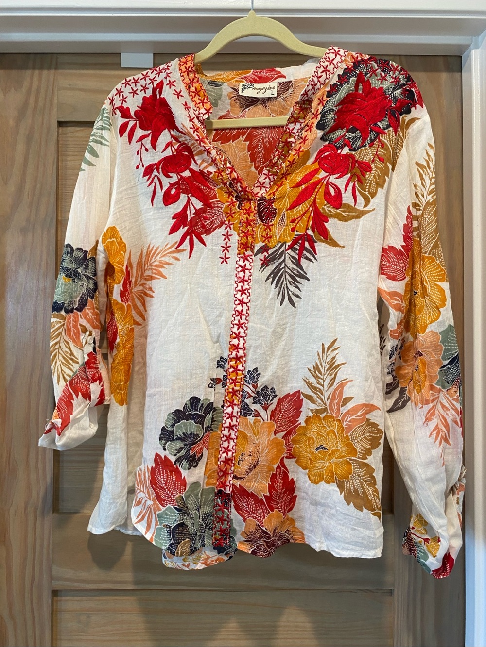 Floral Embroidered V-Neck Women’s Top in Ivory with Red & Gold Accents